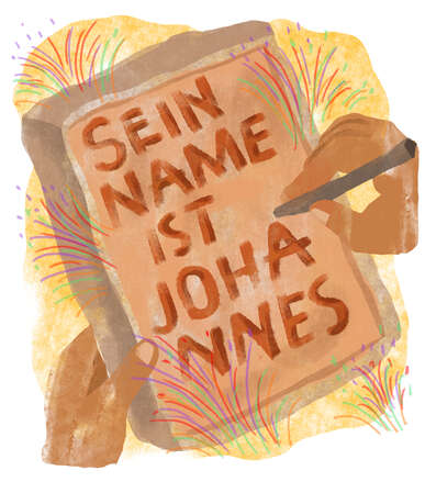 Illustration: Tontafeln mit Aufschrift: Sein Name ist Johannes