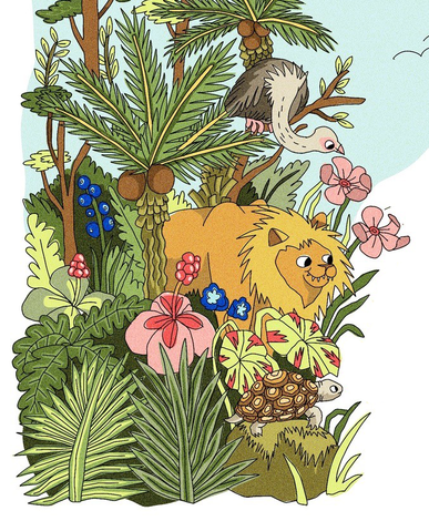 Löwe, Vogel und Schildkröte im Paradies