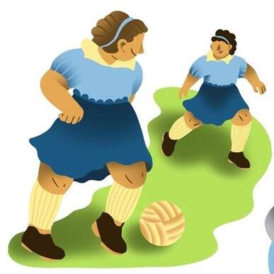 Illustration: Frauen in Röcken spielen Fussball