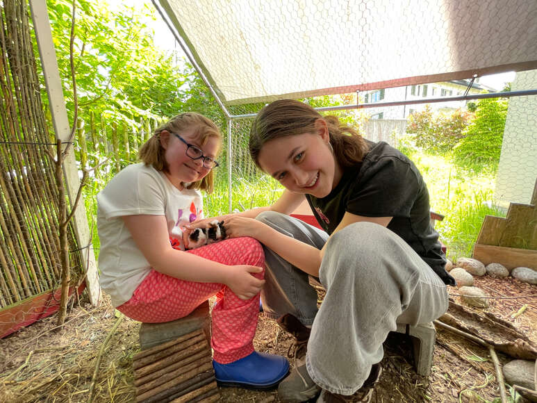 Eline und Leonie kümmern sich gemeinsam um die Meerschweinchen. 