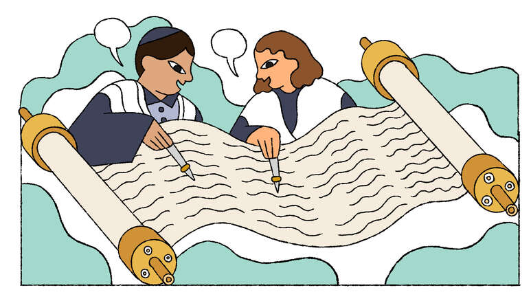 Illustration zwei jüdische Kinder lesen die Tora