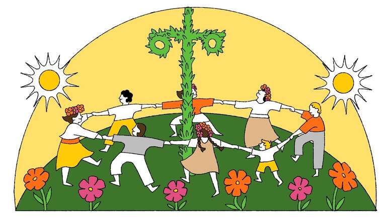 Illustration: Menschen tanzen an Sommersonnenwende um Baum.